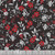 Henry Glass Fabrics Scarlet's Treasure Color Principle Black Red Floral Vine, a fabric with a black background featuring a floral vine pattern in red and white flowers with grey leaves.