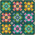 Moda Fabrics Scenery Elizabeth Hartman Scenery Quilt Kit, colorful geometric quilt pattern featuring vibrant arrangements of squares and crosses in green, pink, yellow, orange, blue, and teal on a dark background.