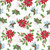 Riley Blake Fabrics Claus and Co Melissa Mortenson Main White Christmas Holly Print featuring red poinsettia flowers, green holly leaves, red berries, and blue striped ribbons on a white background.