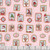 Riley Blake Fabrics Claus and Co Melissa Mortenson Wallpaper Pink, Christmas-themed fabric pattern with illustrations of elves, reindeer, Santa Claus, and holiday decorations in pink and festive colors.