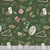 Riley Blake Fabrics Holiday Spirit Lisa Audit Christmas Toss Green, festive holiday-themed fabric with pinecones, holly leaves, red berries, candy canes, and Christmas signs on a green background.