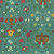 Riley Blake Fabrics Orchard House Heather Peterson Homestead Teal Blue, fabric with a detailed pattern featuring flowers, bees, houses, and whimsical elements in teal, yellow, red, white, and brown colors.