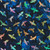 Robert Kaufman Fabrics Backyard Birds Artisan Batiks Evening Blue Birds in Flight, a fabric with a dark blue background and multicolored flying birds.