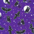 Robert Kaufman Fabrics Lights Out Glow in the Dark Midnight Purple Owls, a fabric pattern featuring cartoon-style black owls, flying owls, owl perched on branches, moon, stars, lightning bolts, and spider webs on a purple background.