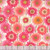 Henry Glass Fabrics Bloomscape Jane Shasky Pink Multi Large Floral, a vibrant fabric pattern featuring large pink, peach, orange, and cream floral designs with green stems on a light background with measurement scale.