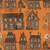 Moda Fabrics Coven Robin Pickens Witch Village Haunted Houses Pumpkin Orange, fabric with haunted house and spooky autumn scene illustrations.