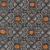 Moda Fabrics Coven Robin Pickens Medallion Tiles Damask Onyx Black, fabric with intricate white damask pattern featuring small pumpkins on black background.
