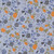 Moda Fabrics Coven Robin Pickens Small Garden Floral Sky Blue, fabric featuring a pattern of blue roses, orange pumpkins, and green leaves on a sky blue background.