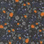 Moda Fabrics Coven Robin Pickens Small Garden Floral Onyx Black, fabric featuring small blue roses, white roses, orange pumpkins, and green leaves on a black background.