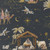 Moda Fabrics Silent Night Watercolour Heart Silent Night Scene Holy Night Blue, fabric featuring a festive Christmas scene with Wise Men, camels, angels, stars, a stable, and animals on a dark blue background.