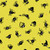 Moda Fabrics Freaky Familiars Ruby Star Society Spider Sense Citron Yellow, playful Halloween-inspired pattern featuring black cartoon spiders with white eyes on a yellow background, decorated with small pink asterisks.