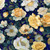 Timeless Treasures Fabrics Lumiere Midnight Floral Navy Blue Yellow Cream, floral fabric with white, yellow, and cream flowers and green leaves on a navy blue background.