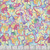 Timeless Treasures Fabrics Love Spell Confetti Ribbons Confetti Yellow Pink, colorful fabric with confetti and ribbon patterns in pastel shades of yellow, pink, purple, blue, and green.