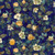 Timeless Treasures Fabrics Lumiere Med Floral With Leaves Midnight Blue Yellow Cream, a fabric pattern featuring a floral design with yellow and cream flowers and green leaves against a dark midnight blue background.