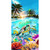 Timeless Treasures Fabrics Underwater Paradise Sea Life Panel 24 Inch Multi Blue, vibrant underwater scene featuring a turtle, colorful fish, coral reef, and palm trees at sunset.