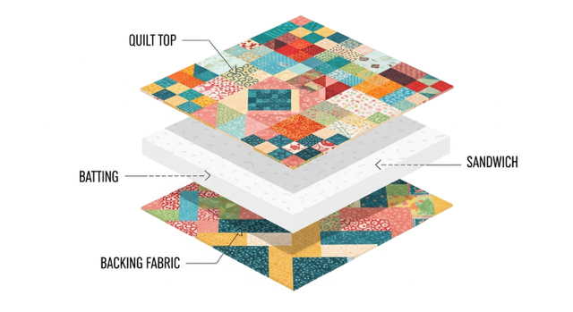 Quilt sandwich diagram: quilt top, batting, and backing fabric