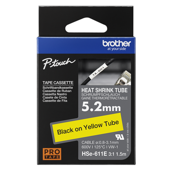 Brother HSE-611E 5.2mm Black on Yellow Heat Shrink Tube