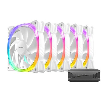 Antec Fusion 12cm PWM ARGB Case Fan x5, Hydraulic Bearing, 16 LEDs, Anti-Vibration, Up to 2000 RPM, White, ARGB / PWM Controller