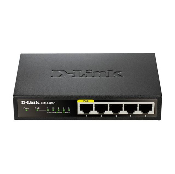 D-Link DES-1005P 5-Port Fast Ethernet Unmanaged Metal Desktop Switch w/ 1 PoE Port