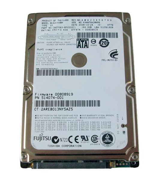 514074-001 - HP 160GB 5400RPM SATA 3GB/s 2.5-inch Hard Drive