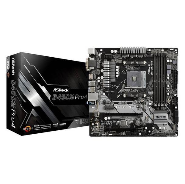 ASRock B450M PRO4 Socket AM4/ AMD Promontory B450/ DDR4/ Quad CrossFireX/ SATA3&USB3.1/ M.2/ A&GbE/ MicroATX Motherboard