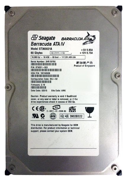 ST360021A - Seagate Barracuda ATA IV 60GB 7200RPM ATA-100 2MB Cache 3.5-inch Internal Hard Drive