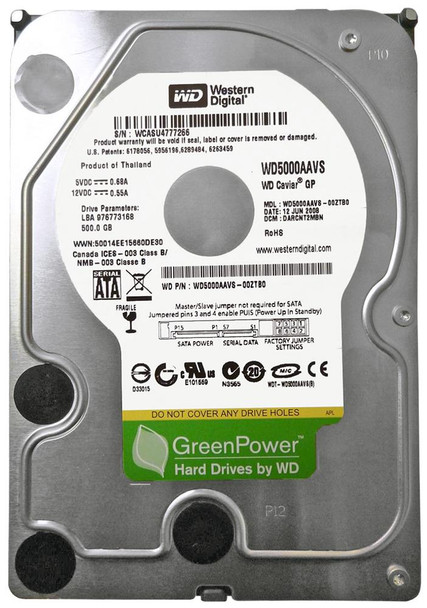 WD5000AAVS-00ZTB0 - Western Digital Caviar Green 500GB 7200RPM SATA 3Gbps 8MB Cache 3.5-inch Internal Hard Drive (Refurbished)