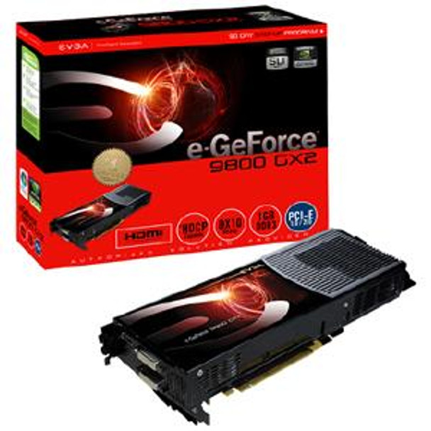 01G-P3-N891-AR - EVGA e-GeForce 9800 GX2 1GB GDDR3 512-Bit (2x 256-Bit) PCI Express 2.0 x16 Dual DVI/ HDMI/ HDCP Ready/ SLI Support Video Graphics Card