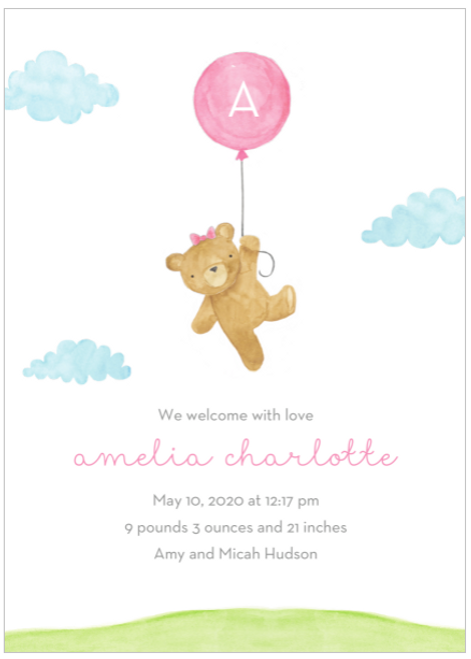 Pink Floating Bear Birth Announcement 
