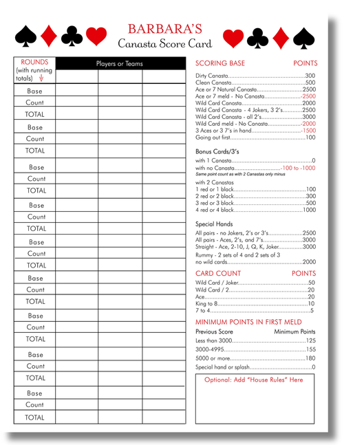 Canasta Score Pad