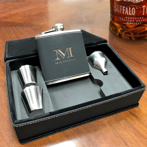 Amazon.com: LHD HOME Hip Flasks for Men 8oz Leather Flask Gift Set,304  Stainless Steel Flask Set w/Funnel Shot Glasses Lovely Gift for Whiskey Rum  Groomsman Best Man Usher Wedding Camping-Leather Stripe Brown