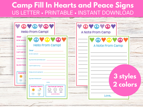 Hearts and Peace Signs Camp Letter Sheets - Digital Download