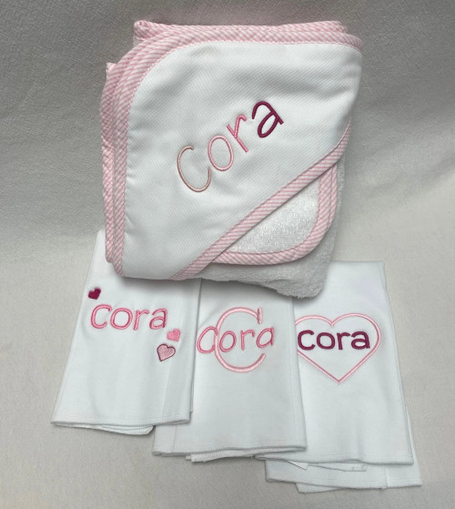 Deluxe Pink Trim Hooded Towel and Burp Cloth Set