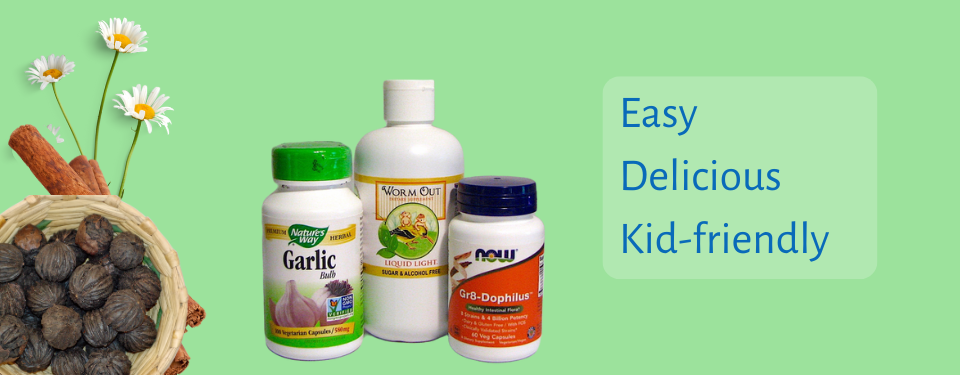 A bottle of Worm Out herbal gut support with the words Easy, Delicious, and Kid-Friendly