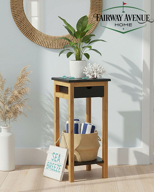2-Tier Bamboo Plant Stand with Drawer | Black | CBBFT0005BK