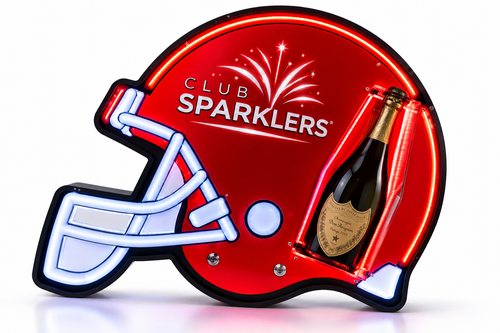 Red LED football helmet bottle presenter with Club Sparklers branding for VIP bottle service Copy