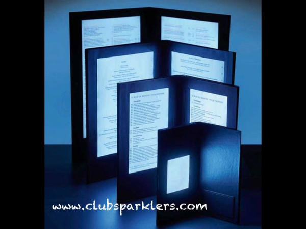 LED BACK LIT MENUS, LED MENUS, GLOW MENU,  back lit menu covers, check presenters, table stands, back lit menus, dine a light, glow in the dark, glowing menus, grandstand, led menus, light up menus, lighted menu, lit check presenters, lit menus