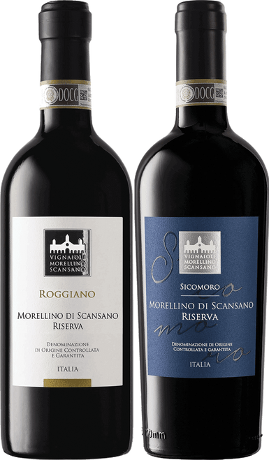 Roggiano Riserva and Sicomoro Riserva Case|14918 2021 by Cantina Vignaioli del Morellino di Scansano, Sangiovese from Toscana, Italy - Imported by Opimian Wine Club