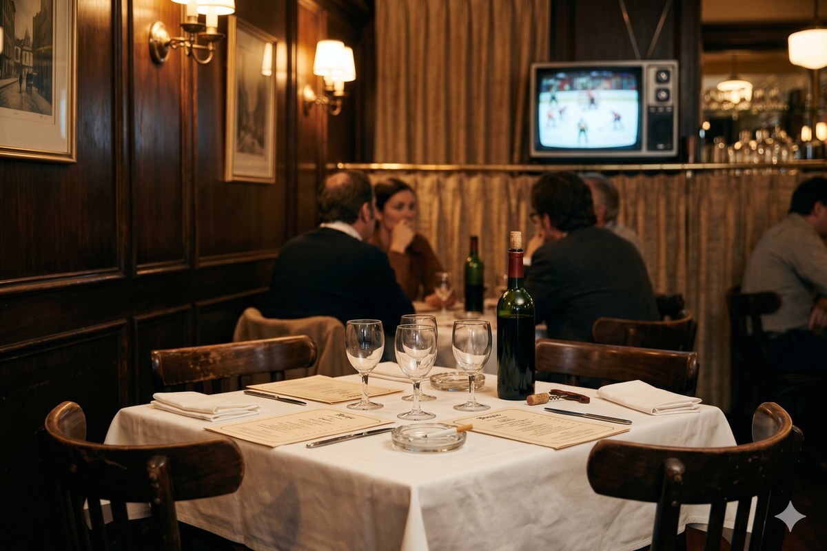 A 1970s Montreal restaurant table set for lunch with three wine glasses, an open bottle of red wine, and a vintage television broadcasting a hockey game in the background, evoking the moment Opimian was founded in September 1972