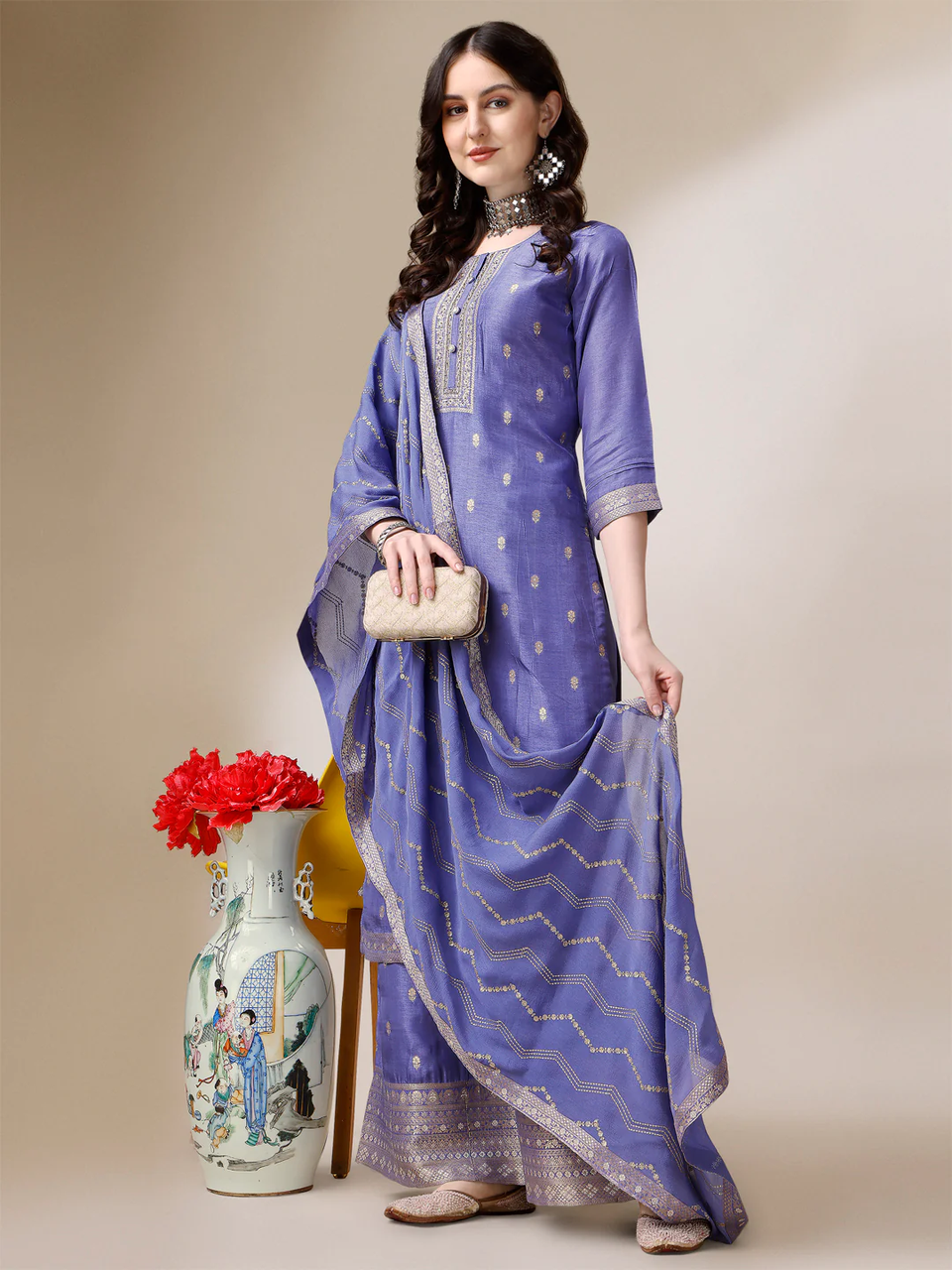 Lavender Textured Jacquard Palazzo Suit Set