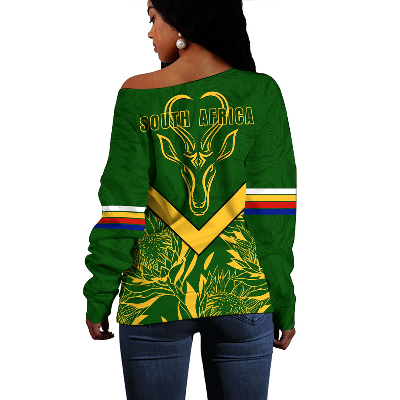 Tanzania 255 Off Shoulder Sweater African Mix Pattern Flag Motif LT9