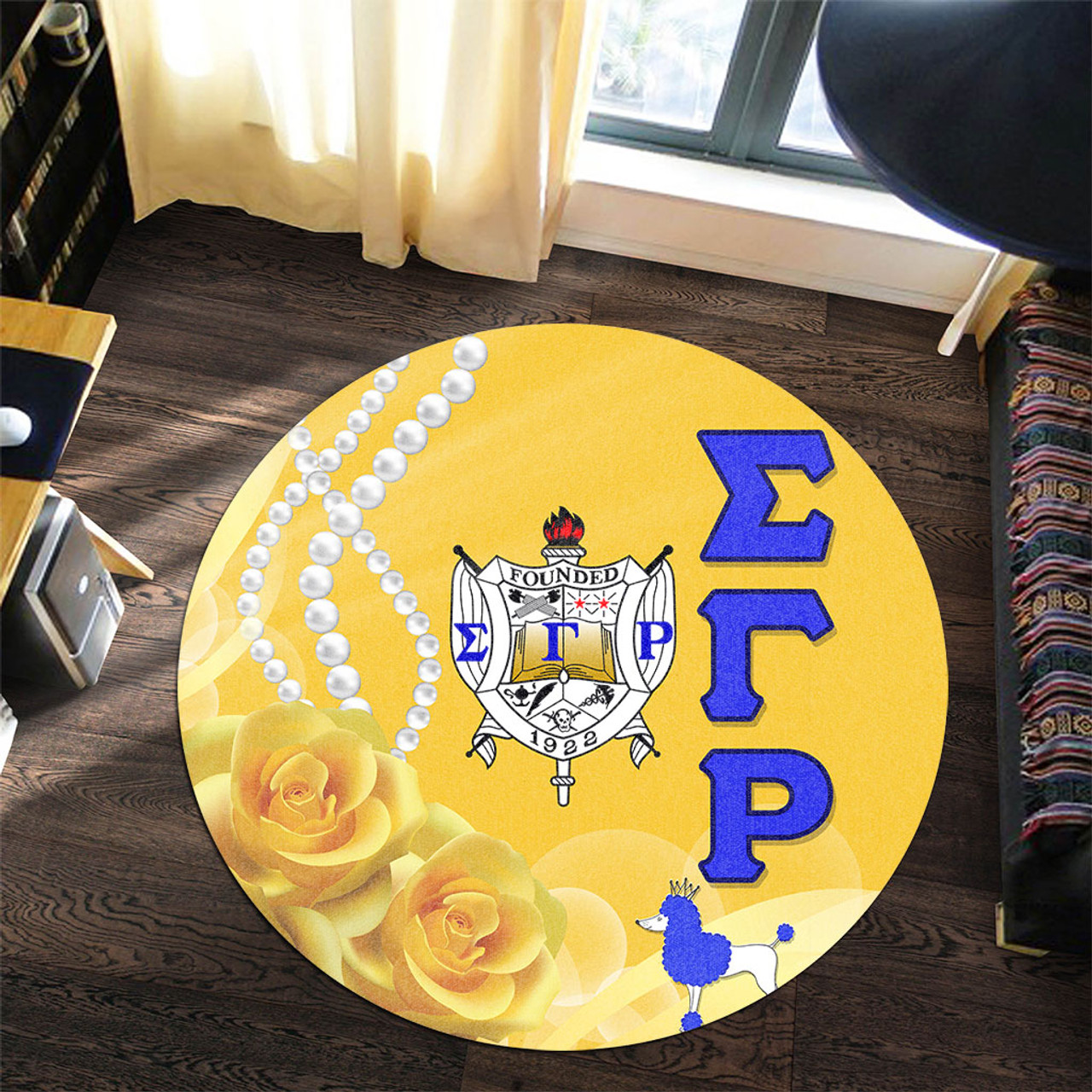 Sigma Gamma Rho Round Rug Rose Yellow Pearls Design