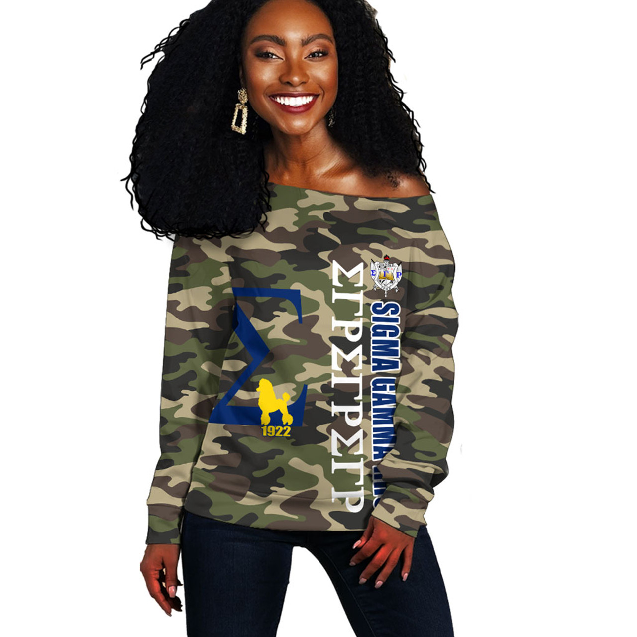 Sigma Gamma Rho Off Shoulder Sweatshirt Camouflage Style Greek