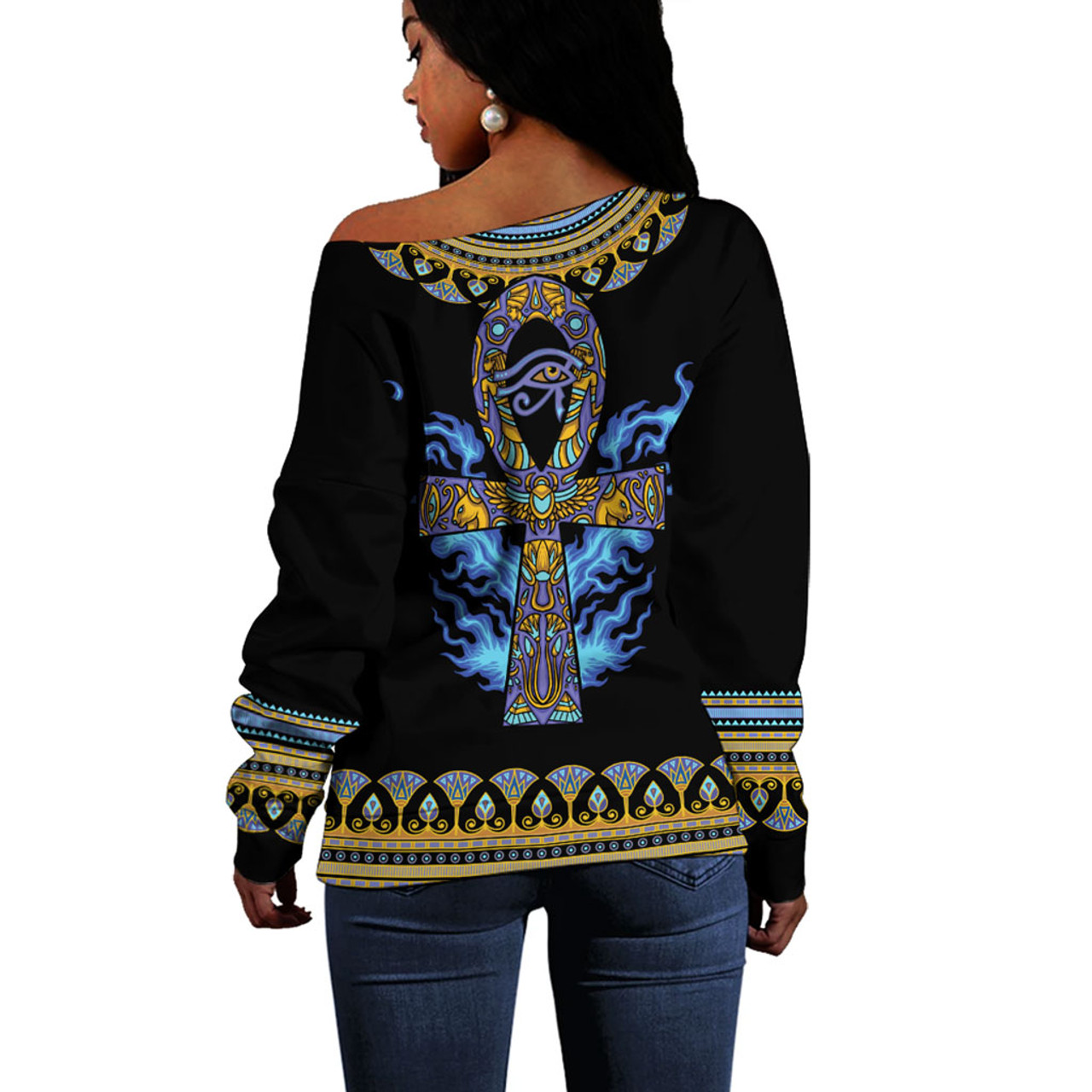 Egyptian Off Shoulder Sweatshirt Ankh Ft Eye Of Ra