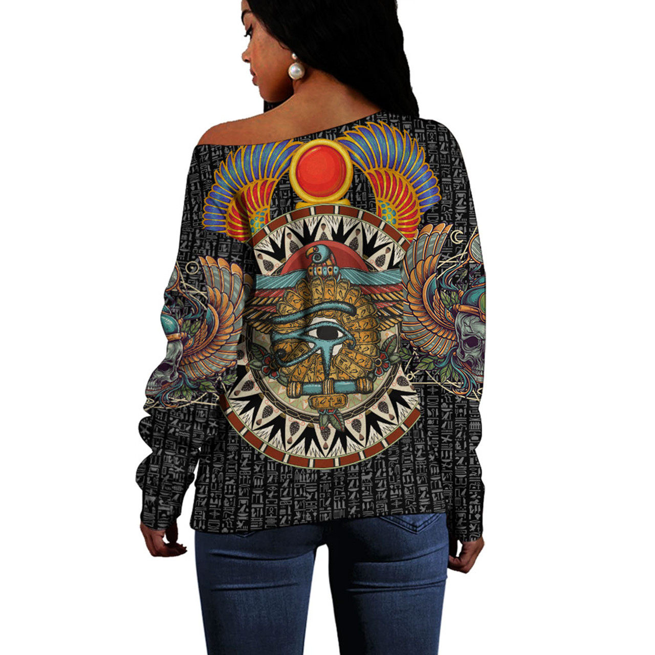 Egyptian Off Shoulder Sweatshirt Acient Skull Symbols