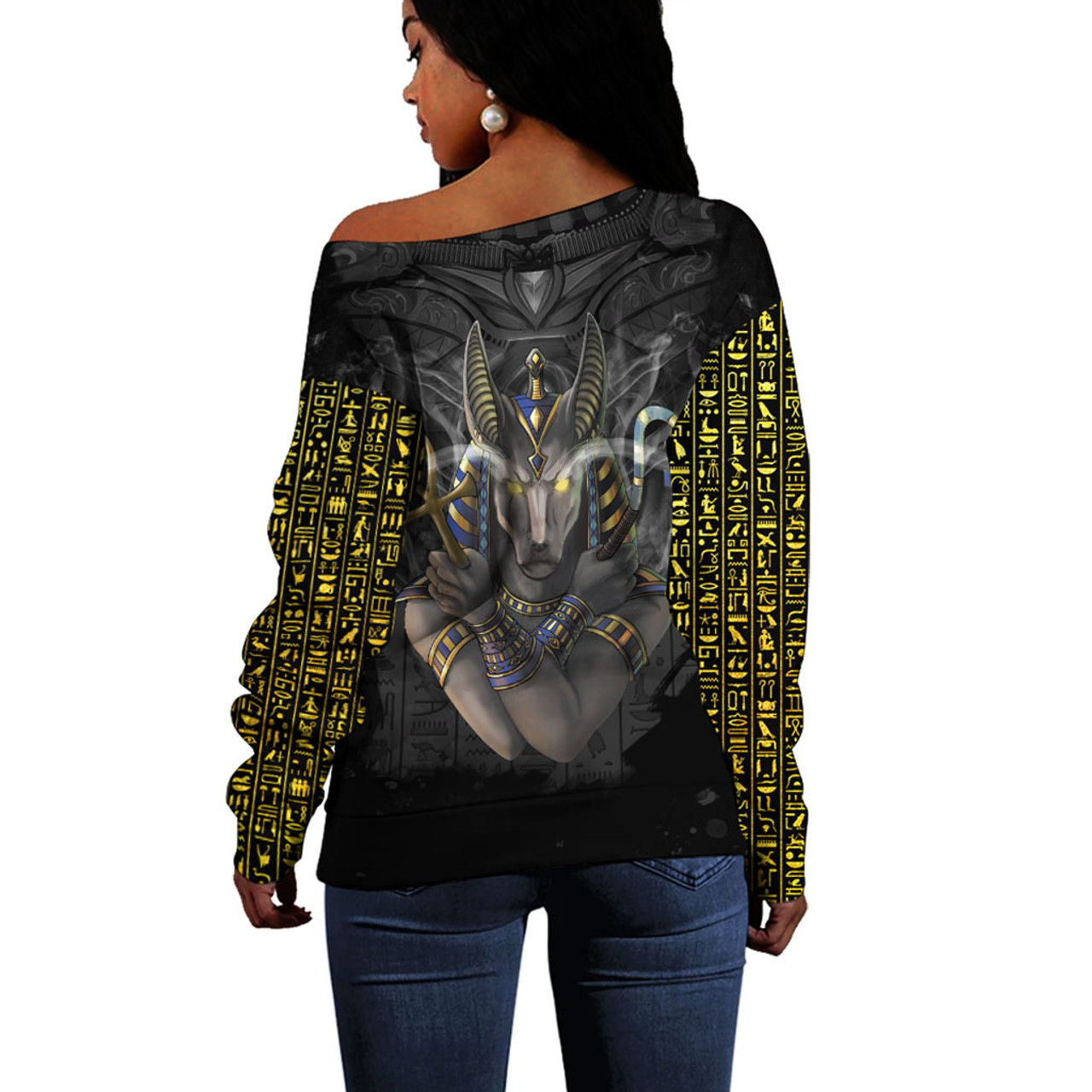 Egyptian Off Shoulder Sweatshirt Anubis In Black