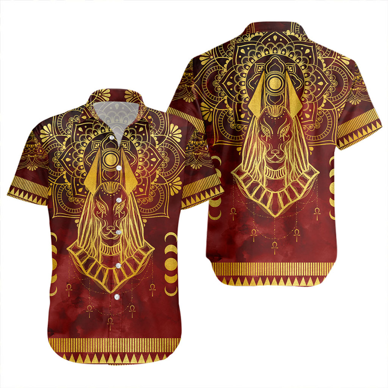 Egyptian Short Sleeve Shirt Anubis Pattern In Red