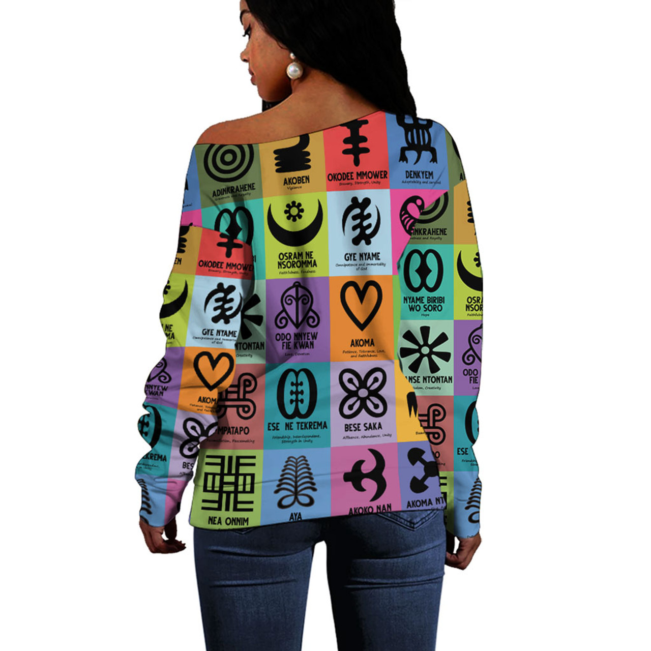 Adinkra Off Shoulder Sweatshirt Multi Color Adinkra Symbols