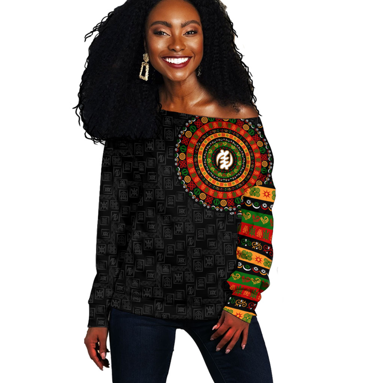 Adinkra Off Shoulder Sweatshirt Adinkra Symbols Print