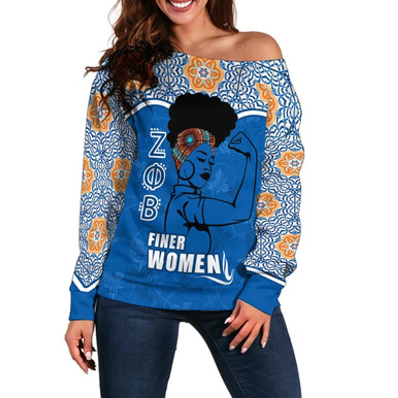 Finer Women African Off Shoulder Sweater - Zeta Phi Beta